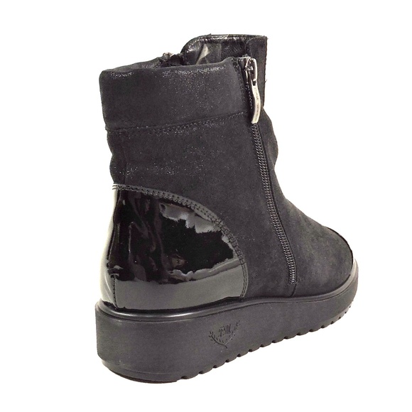 MARZETTI 🇮🇹 WOMEN'S BLACK SUEDE & PATENT LEATHER LAMB FUR COMFORT BOOTIE - Picture 5 of 7